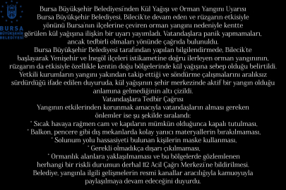 Bursa Büyükşehir Belediyesinden Kül Yağışı Uyarısı Geldi